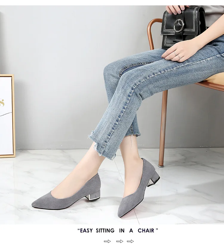 Big Size 34-43 Women Suede Leather Shoes 3.5CM High Heels Ladies Dress Work Shoes Slip On Pumps Woman Square Heels Wedding Shoes