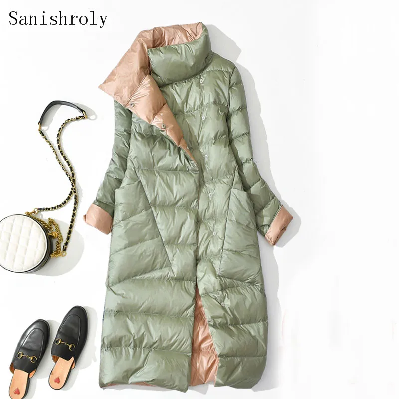 Double Sided Coat 2021 Autumn Winter Women Long Plaid Down Jacket