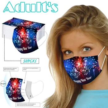 

50PCS Adult 2021 Happy New Years Disposable Three Layer Breathable Face Masks Comfortable Cute Patterns 2020 Daily Mascarillas