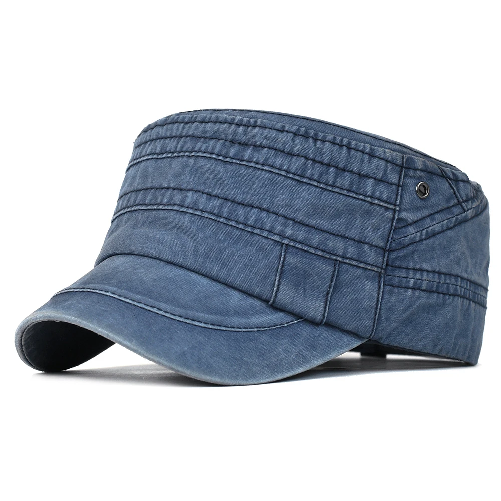 Casual Washed Cotton Flat Top Hat Adjustable Military Caps for Men Women Flat Cap Flat Vintage Cap