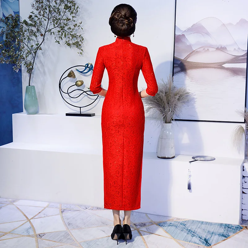 Китайское женское элегантное вечернее платье тонкий длинный Qipao сексуальный кружевной Чонсам с высоким разрезом китайские красные свадебные платья для невесты Плюс Размер M-4XL