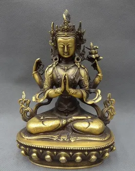 

320 9" Tibet Bronze Buddhist Kwan-Yin Goddess Lotus 4 Arms Chenrezig GuanYin Statue