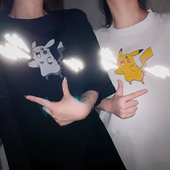 

Pikachu Print tshirts Women Cartoon Pokemon Reflective Lightning Summer Tops Loose Short Sleeve Cotton T-Shirt Couple Shirt V737