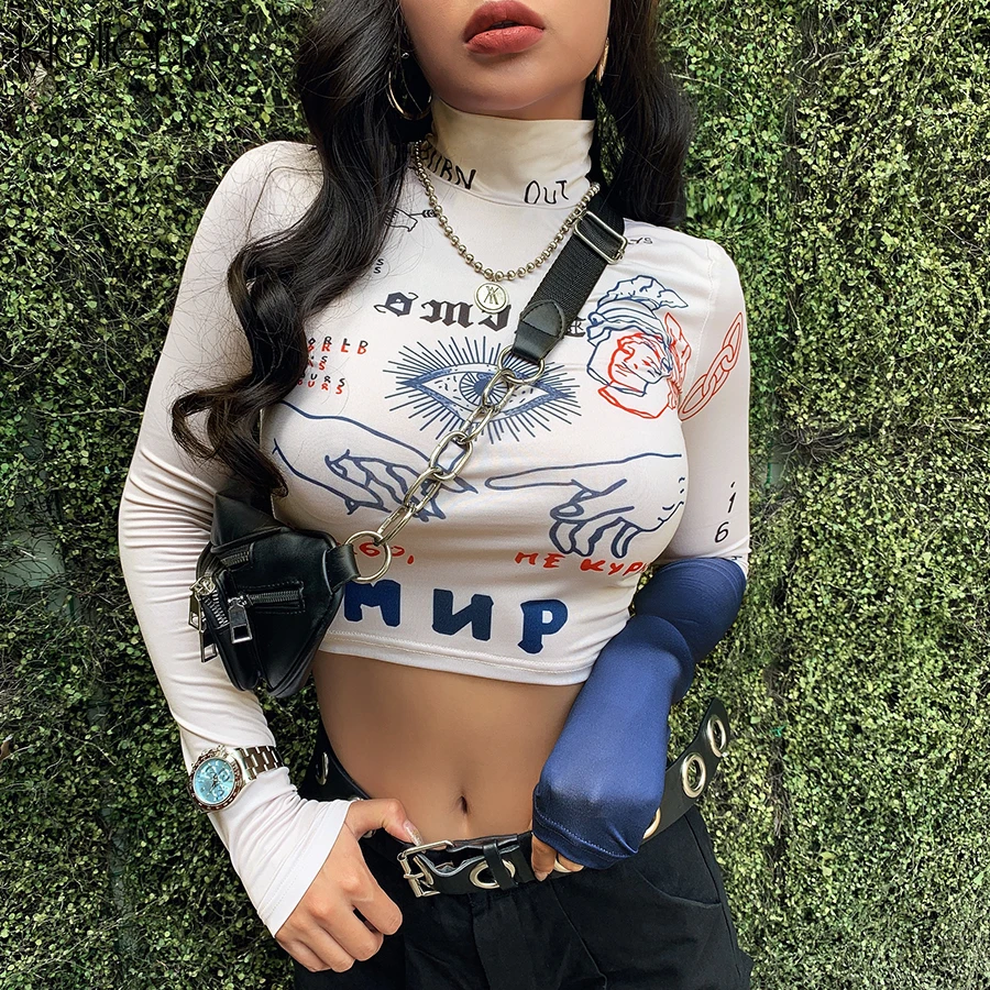 

KLALIEN women long sleeve turtleneck letters print slim sexy skinny T-shirt2019 fashion autumn new streetwear basic hip hop top