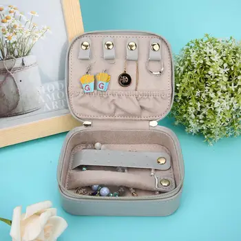 

Portable Jewelry Display Box Stylish PU Travel Zipper Closure Jewelry Organizer for Earrings Ring Lipsticks Gray earring holder