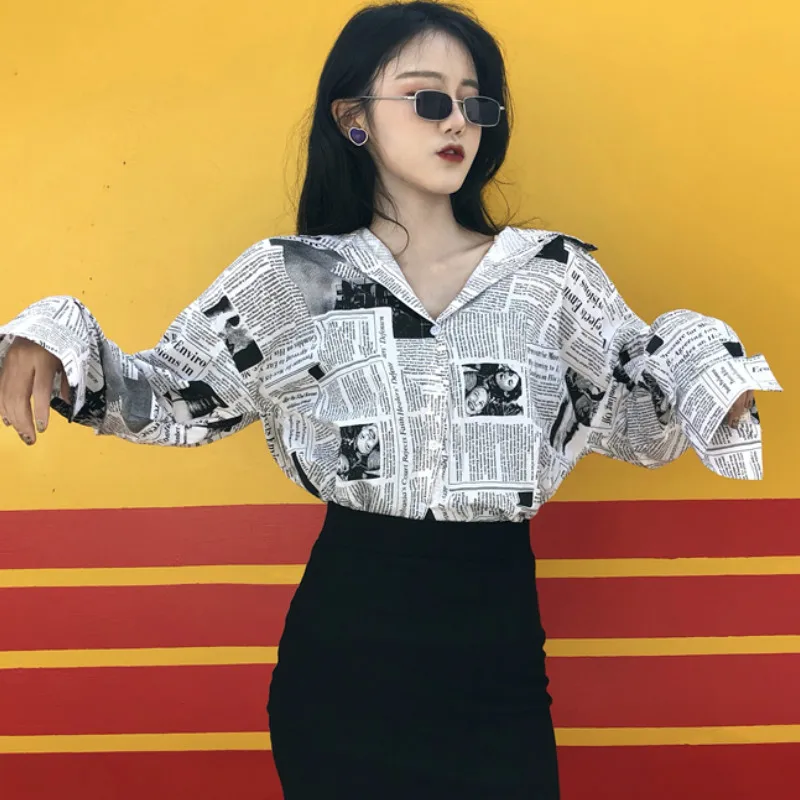 

newspaper shirts women's letter print shirt femme newspaper tops blouse