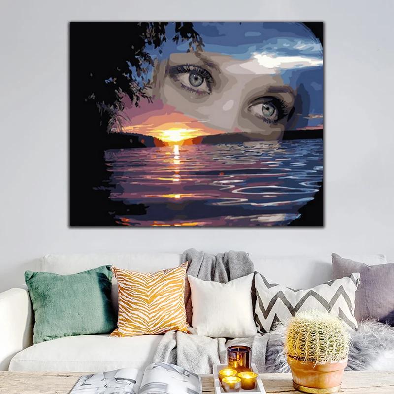 

DIY colorings pictures by numbers with the setting sun picture drawing Relief painting by numbers framed Home