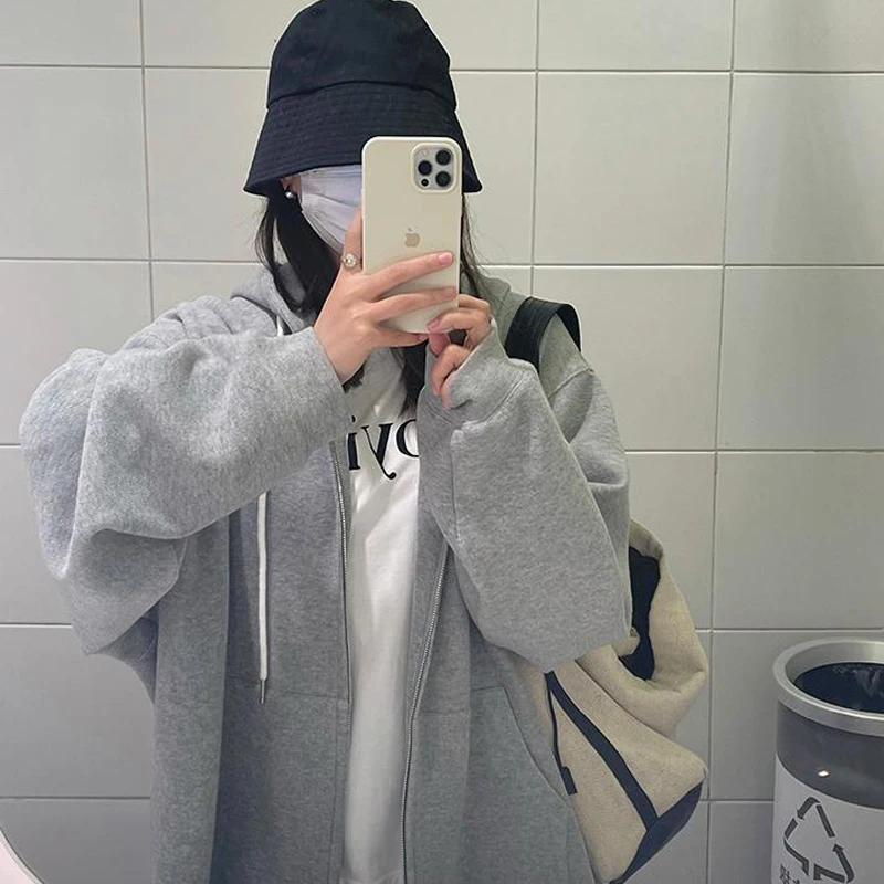 Plus Size Oversized Hoodies 2021 Autumn New Casual Solid Zipper Sweatshirts Korean Fashion Loose Grey Long Sleeve Hooded Girls