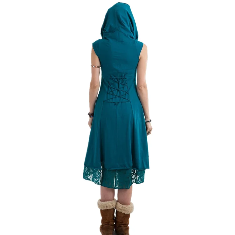  Women Vintage Asymmetrical Gothic Witch Costume Hooded Back Cross Cut Open Handkerchief Drress Medi