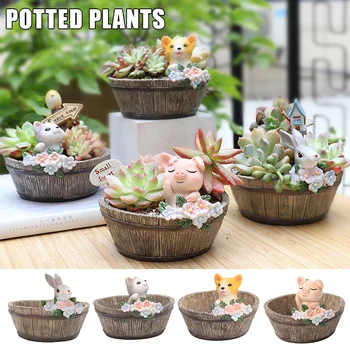 

Newes Miniature Resin Rural Style Planting Pot with Cute Cartoon Animal Succulent Flower Pot Micro Landscape Decorations