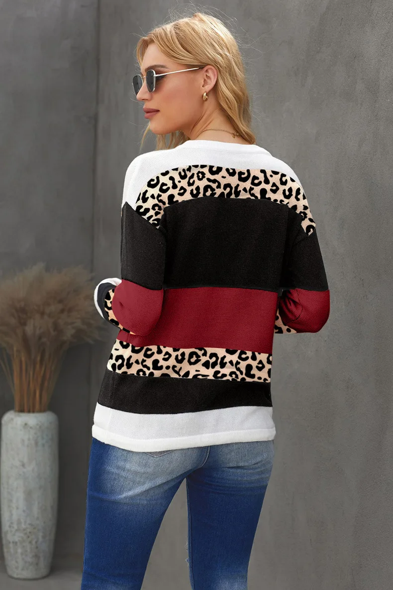 Winter Leopard Print Patchwork Sweater for Women 2021 Casual Long Sleeve Round Neck Pullover Bottom Fashion Sweater red cardigan