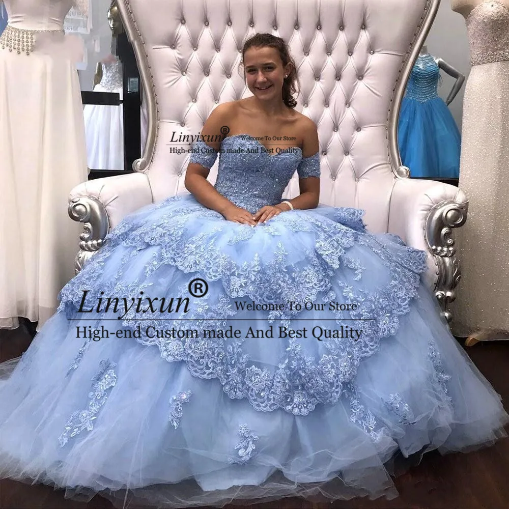 Light Sky Blue Modest Lace Ball Gown Quinceanera Dresses Sequins Applique Tulle Off the shoulder Formal Party Sweet 16 Dress