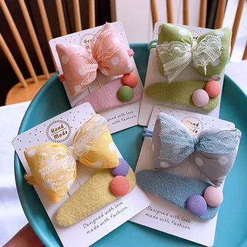

2 Pcs Sets Lovely Cute Little Fresh Dot Lace Bow Hair Ring Headdress Korean Children's Candy Color Hairpin Girl Hair Clip
