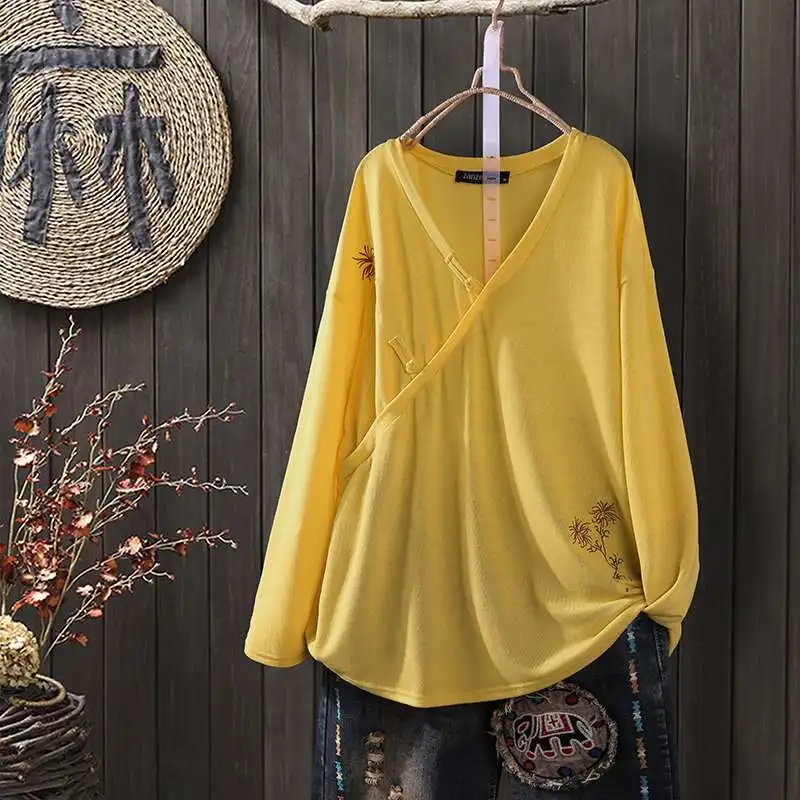 Винтажные женские вязаные топы, осенние Рубашки с вышивкой, ZANZEA, Повседневная блуза с v-образным вырезом и длинным рукавом, джемпер, однотонные свободные рабочие блузы - Цвет: Цвет: желтый