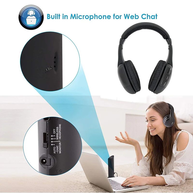 5 in 1 Headset Wireless Headphone Cordless RF Mic for PC TV DVD CD MP3 MP4 Wireless Headphone