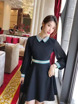 

2020 New Autumn Runway Fashion Dress Women Long Sleeve Diamonds Turn down Collar A Line Elegant Mini Dress