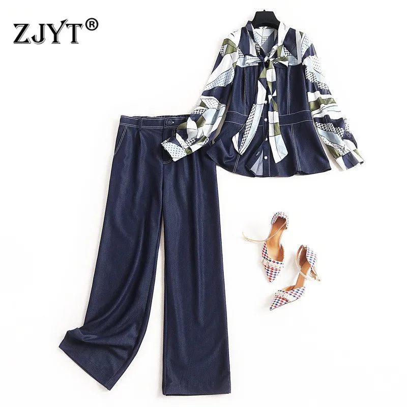 

High Street Fashion Women Pants 2Piece Set 2020 Spring New Designer Bow Collar Chiffon Patchwork Denim Top and Jeans Pants Suit
