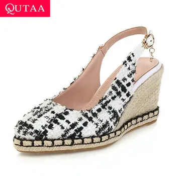 

QUTAA 2020 Knitting Pointed Toe Buckle Women Sandals Casual Wedge High Heel Summer Shoes Fashion Slingback Women Pumps Size34-43