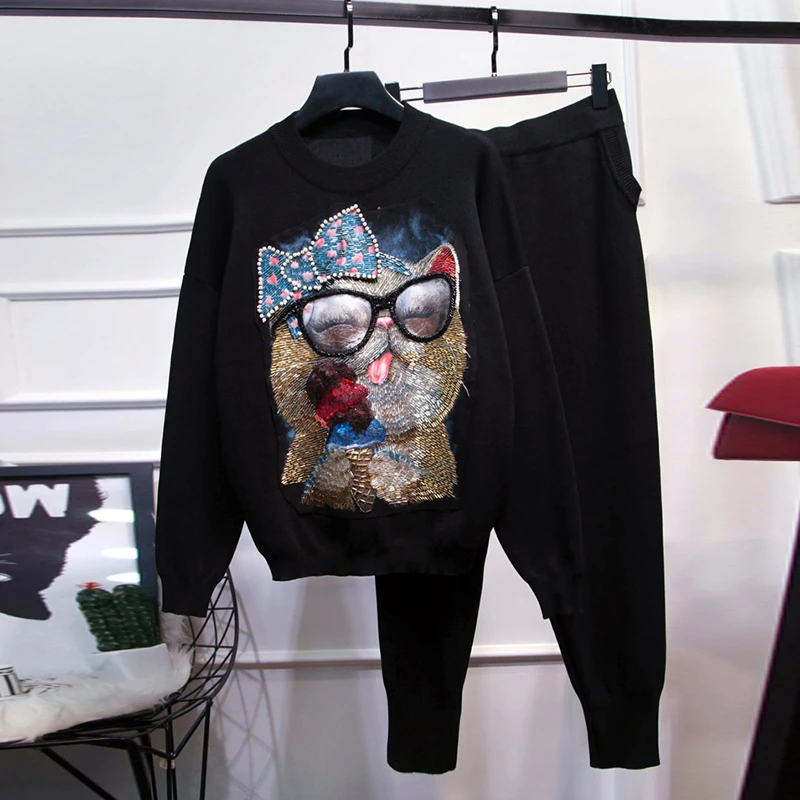 

HIGH STREET New Stylish 2019 Fall Winter Runway Suit Set Women's Cat Beaded Sweater Knitting Pants Set