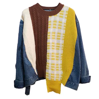 

LANMREM 2020 Autumn new casual street contrast irregular stitching denim loose sweater for women