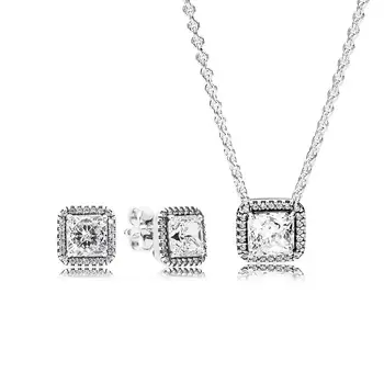 

NEW 100% 925 Sterling Silver Timeless Elegance Earring and Necklace Set Original Clear CZ Fit European Girl DIY Jewelry Gift