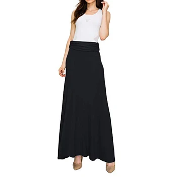 

2019 Autumn Winter Women Vintage Elastic Waist Full Length Pleated Skirt Stretchy Bodycon Solid Casual Daily Gypsy A-line Skirts