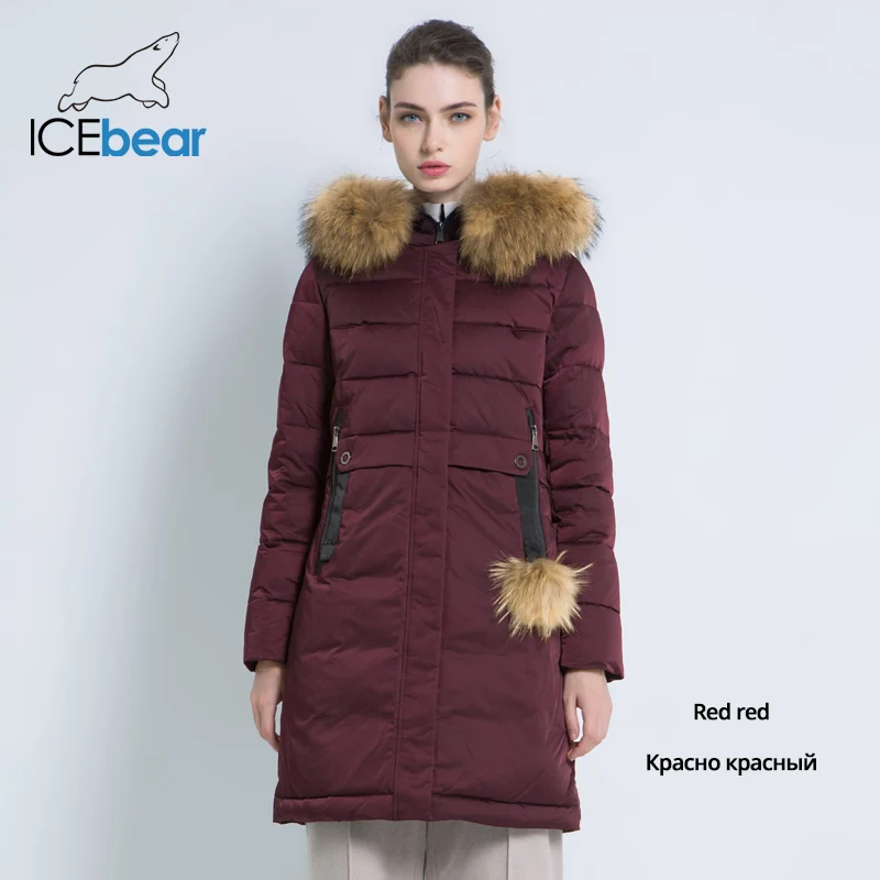 ICEbear Новинка женское пальто облегающая женская куртка меховой воротник из енота бренд одежды толстая теплая ветрозащитная куртка GWD18253 - Цвет: G339 красный