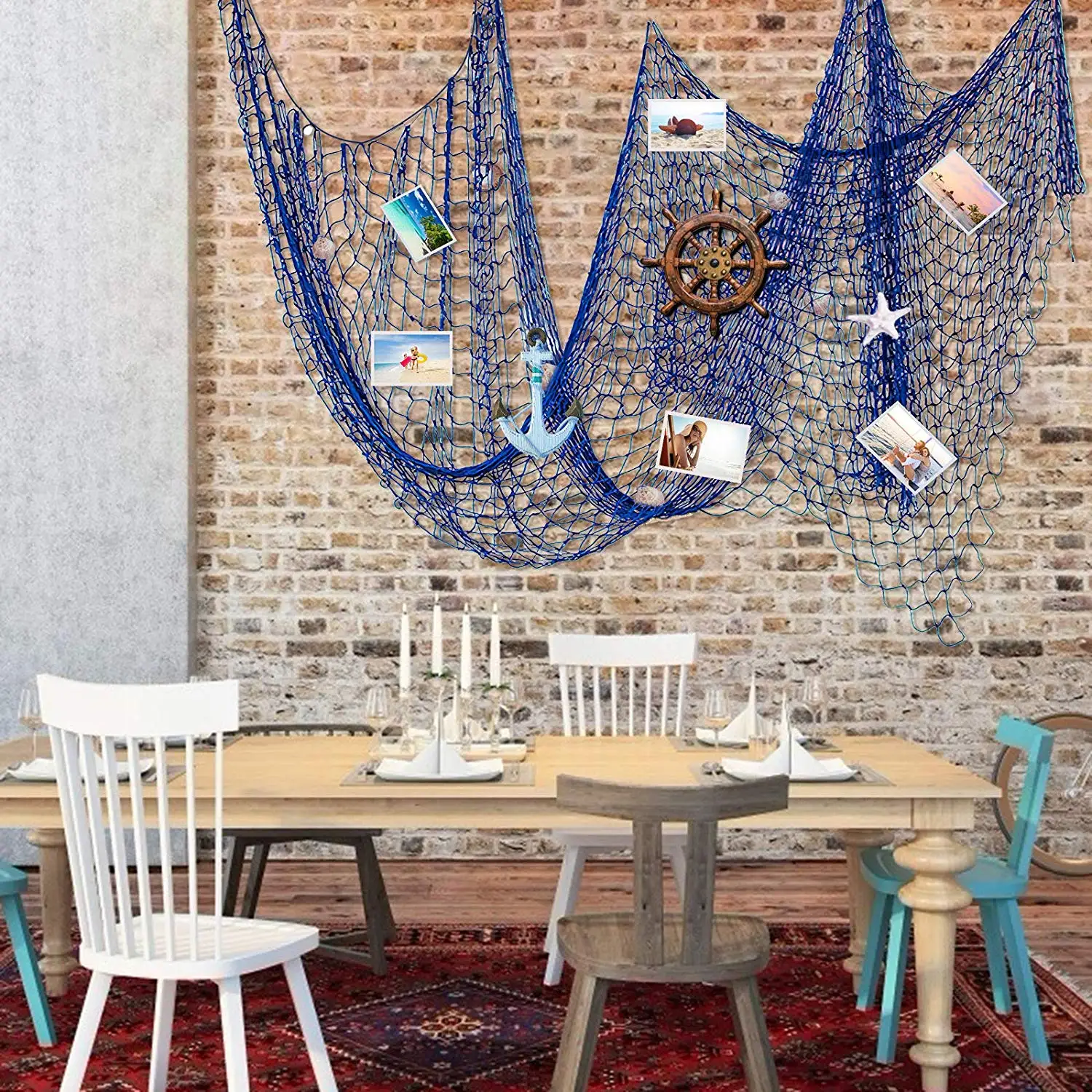 

Blue Natural Cotton Fishnet with Seashell Mediterranean Style Photo Display Netting for Pirate Themed Party Ocean Wedding decor