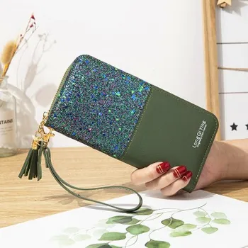 

Female Wallet Sequins Tassel PU Leather Wallet Splicing Contrast Short Change Purse Handbag for Women letter print decoration