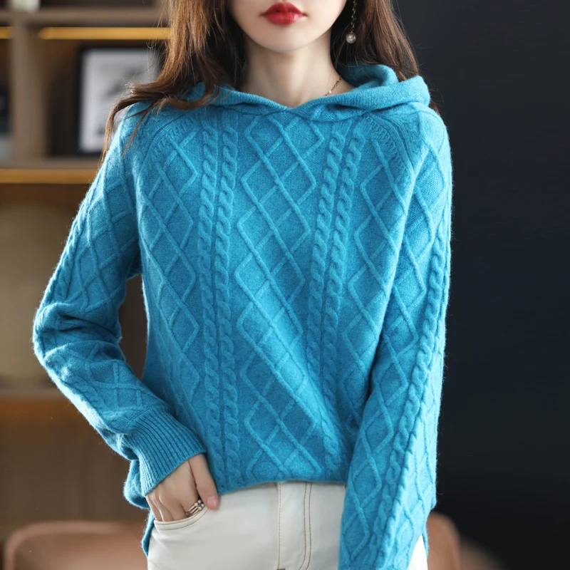 

100% Pure Wool Women's Hooded Collar Pullover Casual Knitted Loose Tops Autumn and Winter Oversized Female Jacket Long Sleeves
