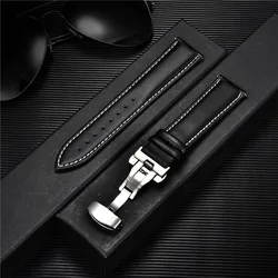 Premium Leather Watchband with Stainless Steel Butterfly Buckle - 22mm (Silver black W)