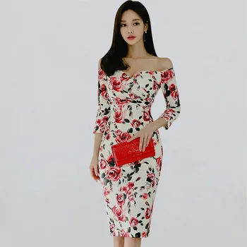 

2020 Spring OL Slash Neck Floral Print Sexy Bodycon Dress Women Sheath Pencil Dresses Evening Party Spring Vestidos