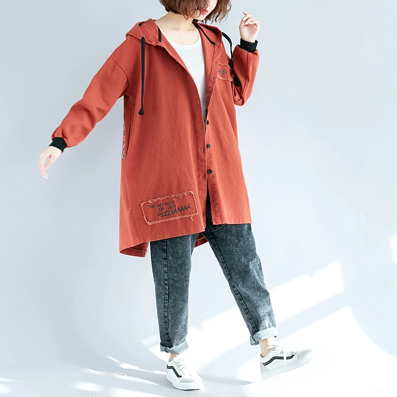 Для женщин; сезон весна-осень; модный бренд в Корейском стиле Винтаж из смешанных материалов, джинсовая куртка женская с капюшоном Повседневное более Размеры длинное пальто куртка