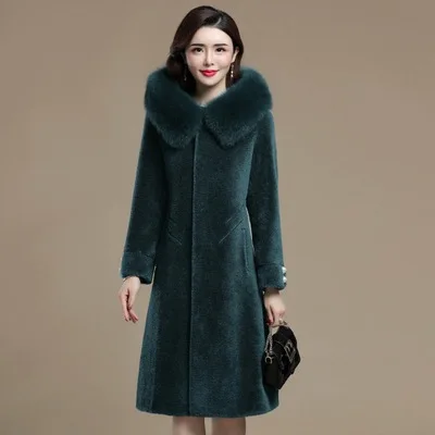 green Пальто с капюшоном из овечьей шерсти, женское длинное пальто, новинка, Воротник из лисы, шерсть, композитный мех - Цвет: green
