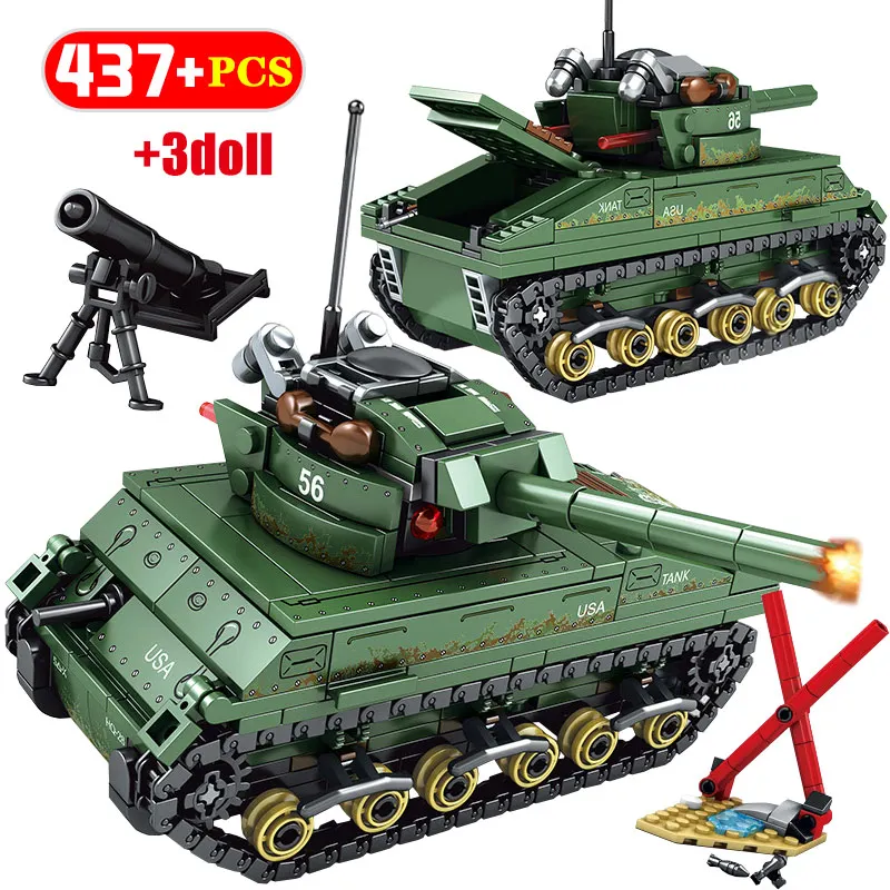 

437PCS USA Sherman M4 Tank Building Blocks Legoingly WW2 Tank Military Technic City Police Soldier Weapon Bricks Toys For Child