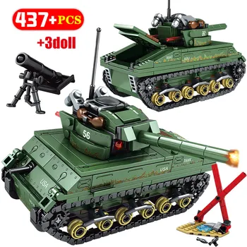 

437PCS USA Sherman M4 Tank Building Blocks WW2 Tank Military Technic City Police Soldier Weapon Bricks Toys For Child