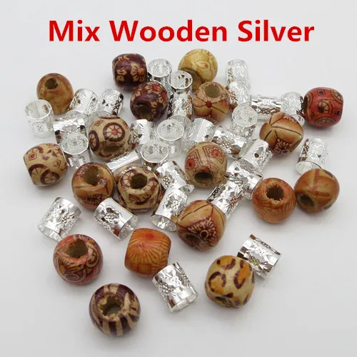 Mix Wooden Silver 70 шт./лот, смешанные деревянные металлические волосы, коса, дреды, бусины, манжеты, клипсы, ювелирные изделия - Цвет: Mix Wooden Silver
