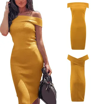 

Pop Women Vintage Off Shoulder Dress Solid Color Lady Evening Prom Swing Dress Pop 88
