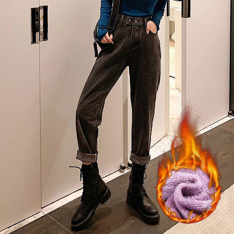 Зимние фиолетовые флисовые теплые плотные бархатные женские прямые джинсы от Harlan, женские Джинсы бойфренда с высокой талией, джинсовые узкие брюки