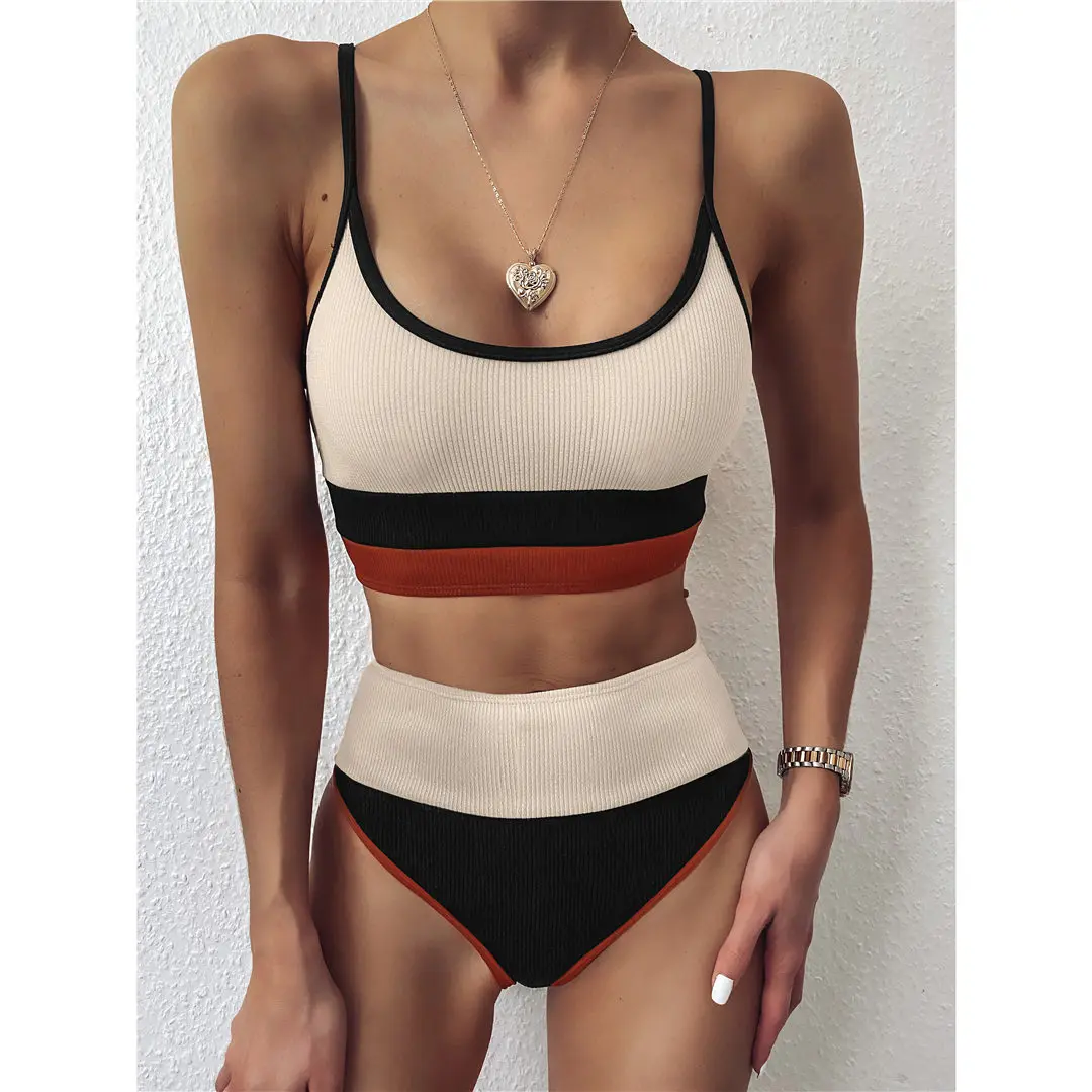 Женский купальный костюм в рубчик бикини с высокой талией 2021 женская одежда для