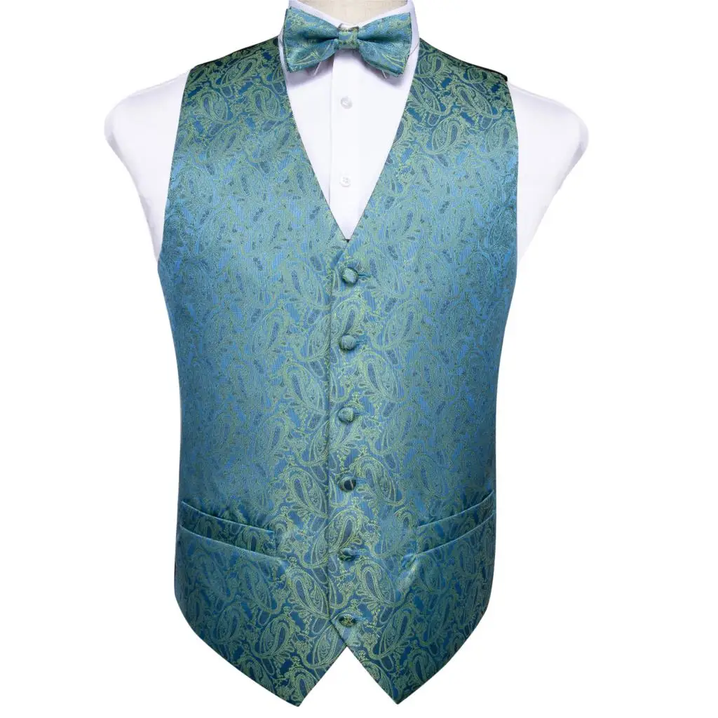 Men's Teal Blue Paisley Fashion Wedding Men Silk Waistcoat Vest Bowties Hanky Cufflink Cravat Set for Suit Tuxedo DiBanGu MJ-114 Men's Teal Blue Paisley Fashion Wedding Men Silk Waistcoat Vest Bowties Hanky Cufflink Cravat Set for Suit Tuxedo DiBanGu MJ-114
