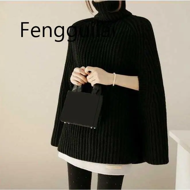 Autumn Winter Elegant Women Turtleneck Knitted Sweaters And Pullovers Casual Black Jumper Cloak Sweaters Loose Female Poncho Autumn Winter Elegant Women Turtleneck Knitted Sweaters And Pullovers Casual Black Jumper Cloak Sweaters Loose Female Poncho