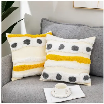 

Yellow Stripe Embroidery Cushion Cover Grey Dot Geometric Canvas Cotton Square Pillow Cover 45x45cm Decorative PillowCae