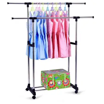 

Clothes Rack hanger wood Adjustable Double Garment Rack DIY Clothes Hanger Movable Dryer Stand Rolling wall hangers for clothes