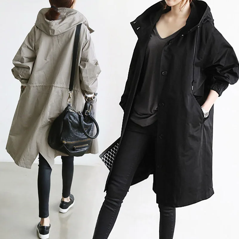 

2019 New Women Trench Coats Solid Color Casual Korean Hooded Loose Autumn Winter Plus Size Women Loose Outwear