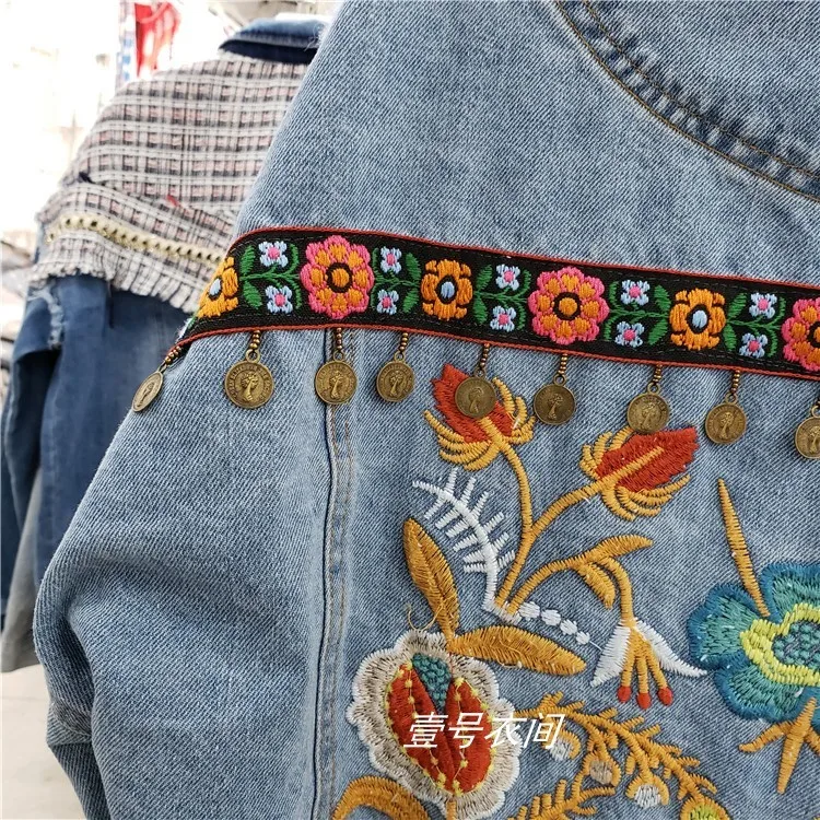 

Spring Autumn New Heavy Industry Embroidered Flowers Irregular Fringe Fringed Denim Jacket for Women Retro Jean Coat Lady Coats