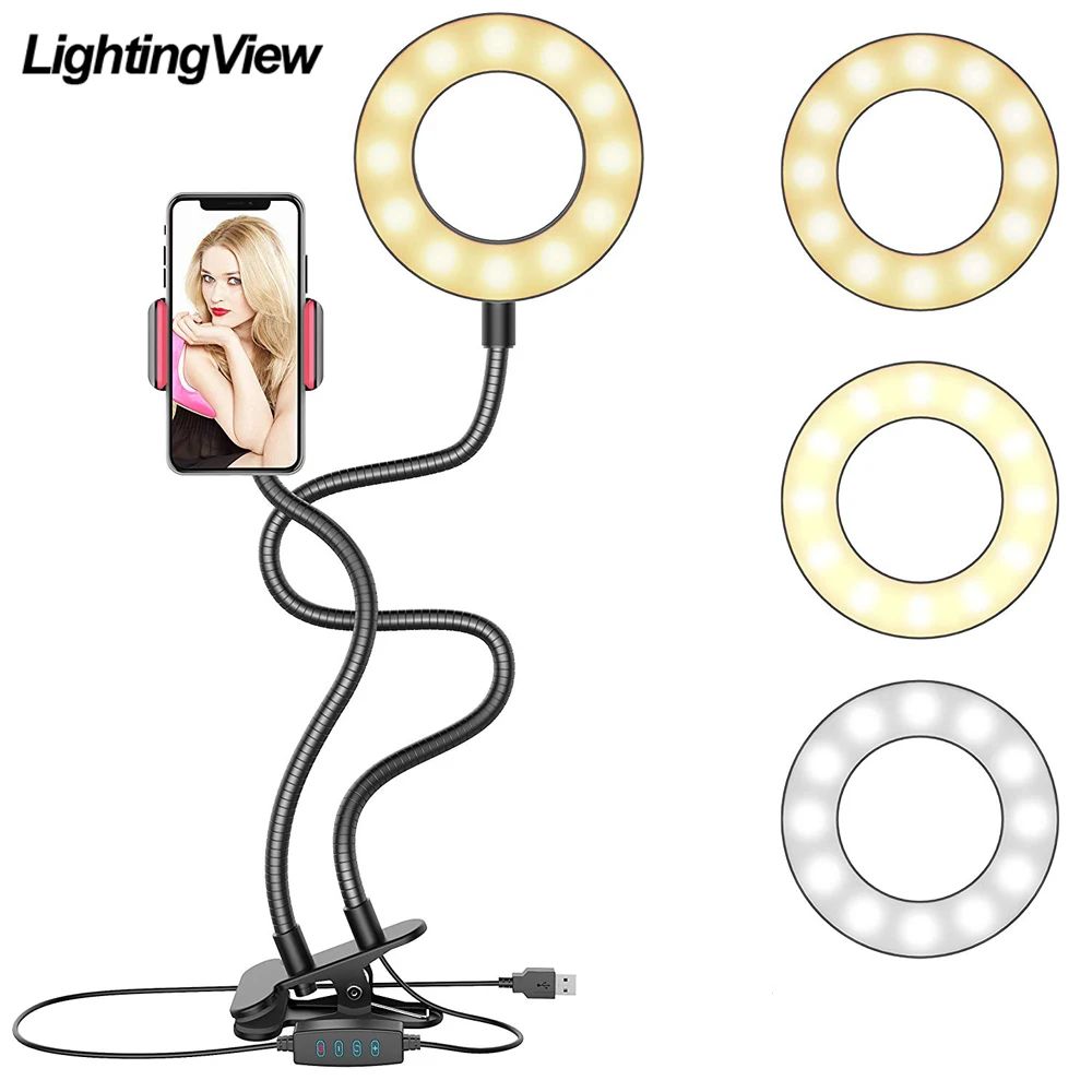 

Clip On Led Selfie Ring Light With Cell Phone Holder Flexible Dimmable Make up Lamp Desk Table Lamp Photo Studio For Live Stream