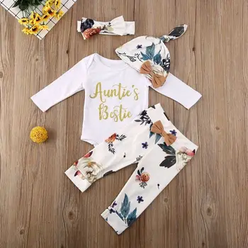 

4Pcs Newborn Toddler Baby Girl Floral Flower Letter Long Sleeve Clothes Romper Pants Hat Cap Headband Leggings Outfit 2019