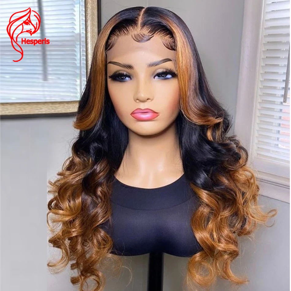 Human-Hair-Wig Honey Blonde Lace-Front Bleached Knots Hesperis Deep-Part Ombre Brazilian