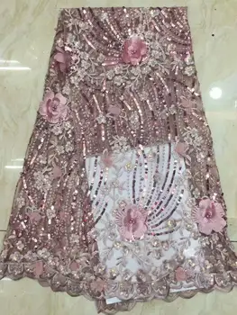 

pink 3D Beads Lace Fabric 2020 High Quality Mesh Embroidery Applique 3D Flower Tulle Nigerian Lace Fabrics For Bridal